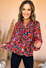 Load image into Gallery viewer, Red Dahlia Abstract Floral Shirred Detail Puff Sleeve Blouse | Tops/Blouses &amp; Shirts
