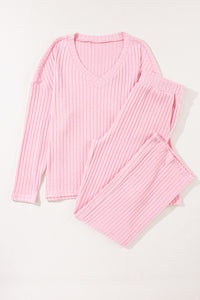 Two Piece Activewear Set | Pink Knit V Neck Slouchy Pants Set