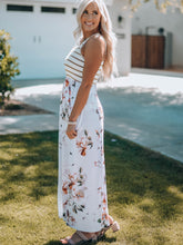 Load image into Gallery viewer, White Striped Floral Print Sleeveless Maxi Dress with Pocket
