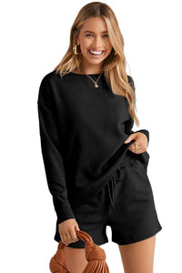 Drawstring Shorts Set | Black Textured Long Sleeve Top Shorts