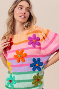 Puff Sleeve Sweater | Flower Patch Puff Sleeve Striped Sweater