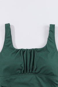 Blackish Green Ruched U Neck Ribbed Tankini | Swimwear/Tankinis