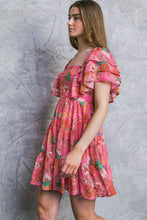 Load image into Gallery viewer, Pink Floral Square Neck Ruffle Sleeve Tiered Dress | Dresses/Floral Dresses
