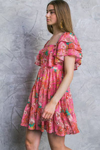 Pink Floral Square Neck Ruffle Sleeve Tiered Dress | Dresses/Floral Dresses