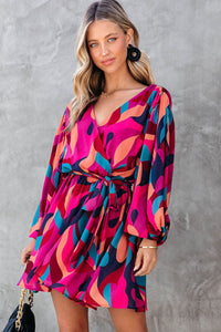 Fiery Red Abstract Printed Belted Puff Sleeve Mini Dress | Dresses/Mini Dresses