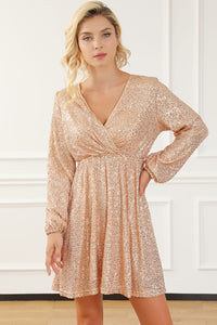 Sequin Dress | Apricot Wrapped V-neck Dress