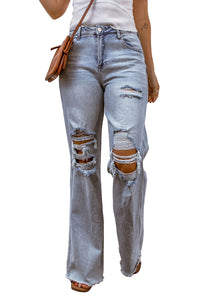 Sky Blue Acid Wash Wide Leg Raw Hem Distressed Jeans | Bottoms/Jeans