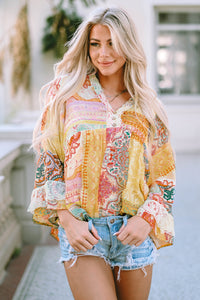 Multicolor Paisley Print Bell Sleeve Lace V-Neck Button Sheer Blouse | Tops/Blouses & Shirts