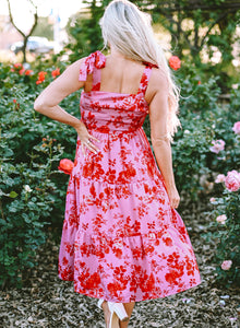 Pink Tie Shoulder Straps Tiered Floral Dress | Dresses/Floral Dresses