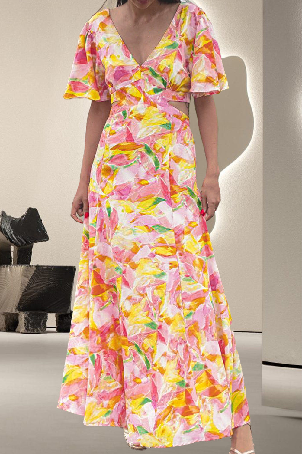 Womens Dress | Tied Printed V-Neck Short Sleeve Dress
