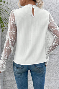 White Lace Sleeve Top | Contrast Lace Mock Neck Blouse