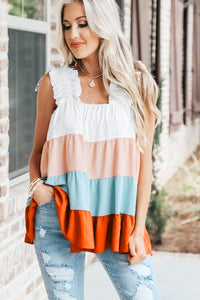 Tank Top | White Frill Straps Color Block Tiered Blouse