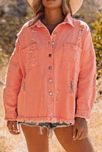 Load image into Gallery viewer, Orange Distressed Fringe Trim Denim Jacket | Outerwear/Denim jackets
