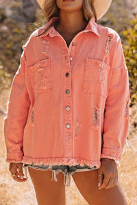 Orange Distressed Fringe Trim Denim Jacket | Outerwear/Denim jackets