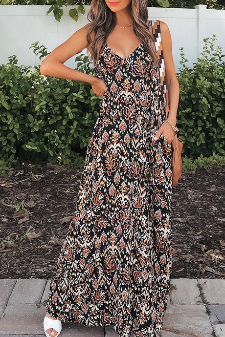 Black Boho Retro Printed Spaghetti Strap V Neck Maxi Dress | Dresses/Maxi Dresses