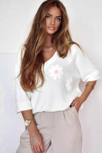 Load image into Gallery viewer, V Neck Top | White Flower Applique Texture Knitted Blouse
