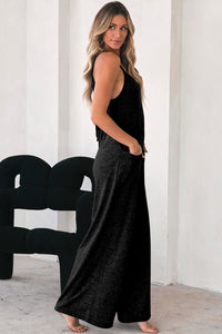 Jumpsuit | Black Patch Pockets Spaghetti Strap Wide Leg