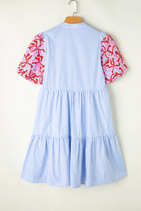 Puff Sleeve Dress | Sky Blue Stripe Contrast Floral Ruffle Dress