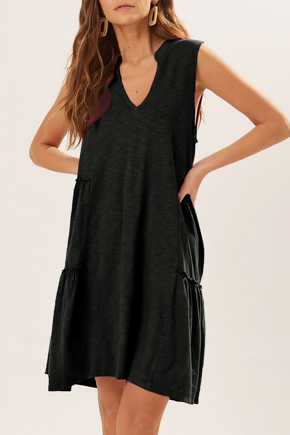 Womens Dress | Black Split V Neck Tiered Flowy Sleeveless Dress | Dresses/Mini Dresses