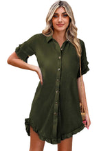 Load image into Gallery viewer, Pleated Shirt Dress | Green High-Low Hem Ruffle Sleeve Dress
