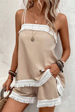 Load image into Gallery viewer, Pale Khaki Fringe Crochet Double Strap Tank Top and Shorts Set | Two Piece Sets/Short Sets
