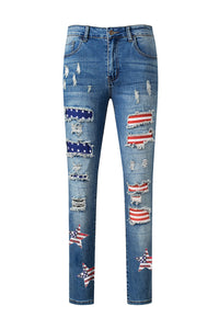 Sequin Straight Jeans | American Flag Star Distressed Jeans