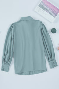 Sky Blue Solid Color Button Up Puff Sleeve Blouse | Tops/Blouses & Shirts