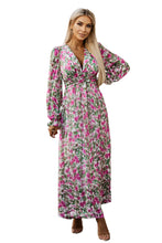 Load image into Gallery viewer, Green Floral Print Deep V Neck Ruched Cinched Waist Maxi Dress | Dresses/Floral Dresses
