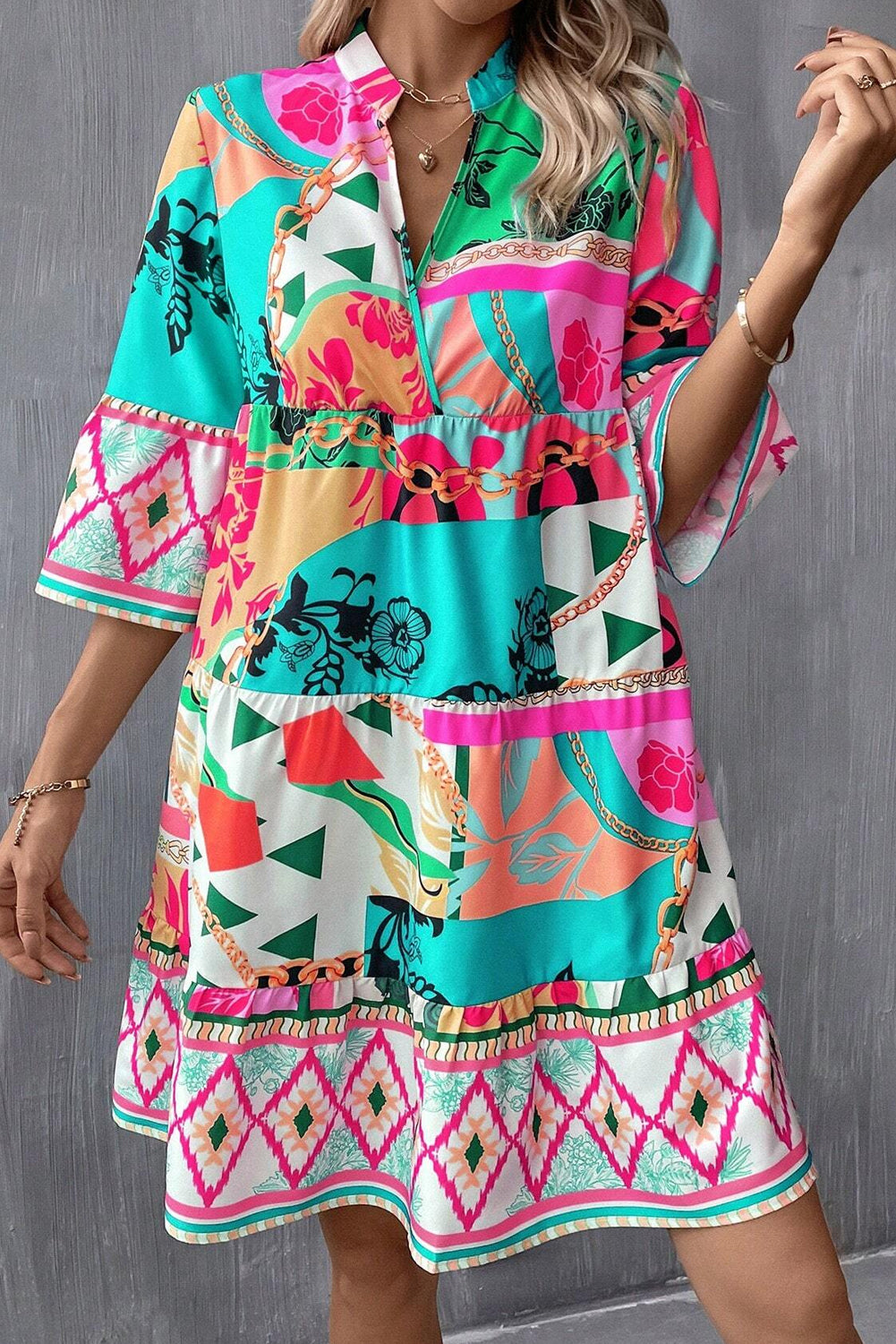 Mini Dress | Multi-Color Abstract Printed Half Sleeve Dress