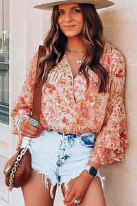 V Neck Bodysuit | Orange Floral Print Ruffled Bell Sleeve