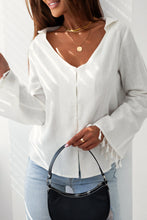 Load image into Gallery viewer, White V Neck Buttoned Tassel Bell Sleeve Shirt | Tops/Blouses &amp; Shirts
