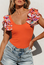 Load image into Gallery viewer, Orange Ribbed Knit Tiered Ruffled Sleeve Bodysuit | Tops/Bodysuits
