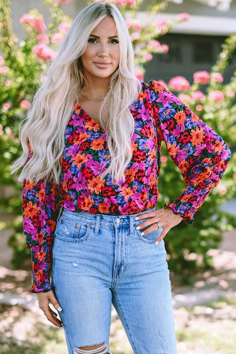 Floral Print Wrap V Neck Long Sleeve Bodysuit | Tops/Bodysuits