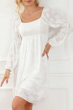 Load image into Gallery viewer, White Jacquard Square Neck Bubble Sleeve Dress | Dresses/Mini Dresses
