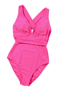 Rose Red Deep V Neck Crossover Backless Ruched High Cut Monokini | Swimwear/One Piece Swimsuit