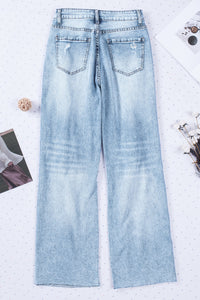 Sky Blue Distressed Hollow-out Knees Wide Leg Jeans | Bottoms/Jeans