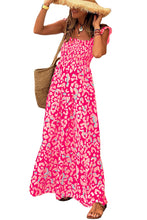 Load image into Gallery viewer, Pink Leopard Ruffle Straps Smocked High Waist Long Dress
