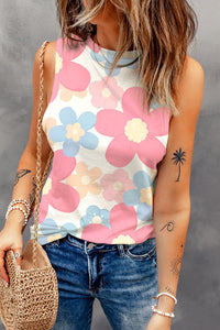 Pink Floral Print Round Neck Sleeveless Top | Tops/Tank Tops