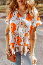 Load image into Gallery viewer, Orange Floral Print Frill Neck Tiered Babydoll Blouse | Tops/Blouses &amp; Shirts
