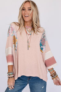 Pink Printed Pinstriped Color Block Patchwork Oversized Top | Tops/Long Sleeve Tops