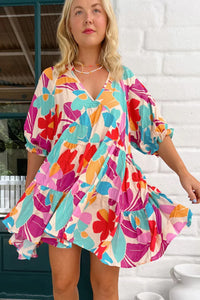 Multicolour Floral Tiered V Neck Plus Dress | Plus Size/Plus Size Dresses/Plus Size Mini Dresses