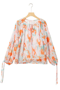 Womens Blouse | Multicolor Abstract Print Split Neck Puff Sleeve Blouse | Tops/Blouses & Shirts