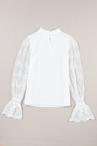 White Lace Sleeve Top | Contrast Lace Mock Neck Blouse