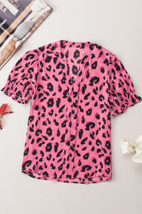 Pink Leopard Notch Neck Bubble Sleeve Blouse | Tops/Blouses & Shirts