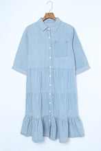 Load image into Gallery viewer, Sky Blue Ruffled Denim Full Buttoned Midi Dress | Dresses/Midi Dresses
