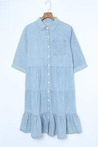 Sky Blue Ruffled Denim Full Buttoned Midi Dress | Dresses/Midi Dresses