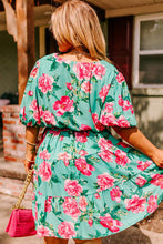 Load image into Gallery viewer, Green Floral Bubble Sleeve Surplice Ruffled Plus Size Dress | Plus Size/Plus Size Dresses/Plus Size Mini Dresses
