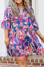 Load image into Gallery viewer, Blue Plus Size Floral Print Ruffled 3/4 Sleeve Mini Dress | Plus Size/Plus Size Dresses/Plus Size Mini Dresses
