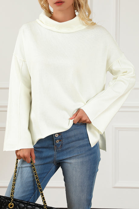 White Expose Seam Turtle Neck Side Slit Oversized Sweater | Tops/Sweaters & Cardigans