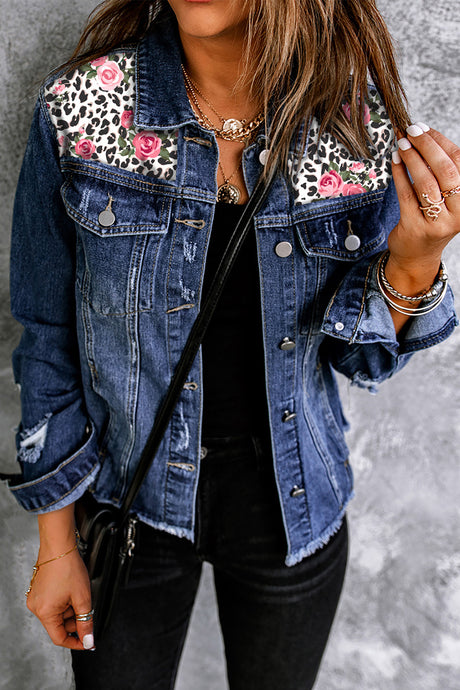 Blue Pattern Print Splicing Distressed Denim Jacket | Outerwear/Denim jackets